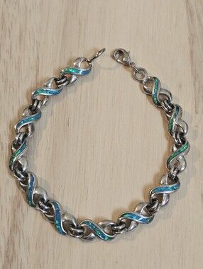 Fire Blue Opal Sterling Silver Infinity Link 925 Bracelet 7"